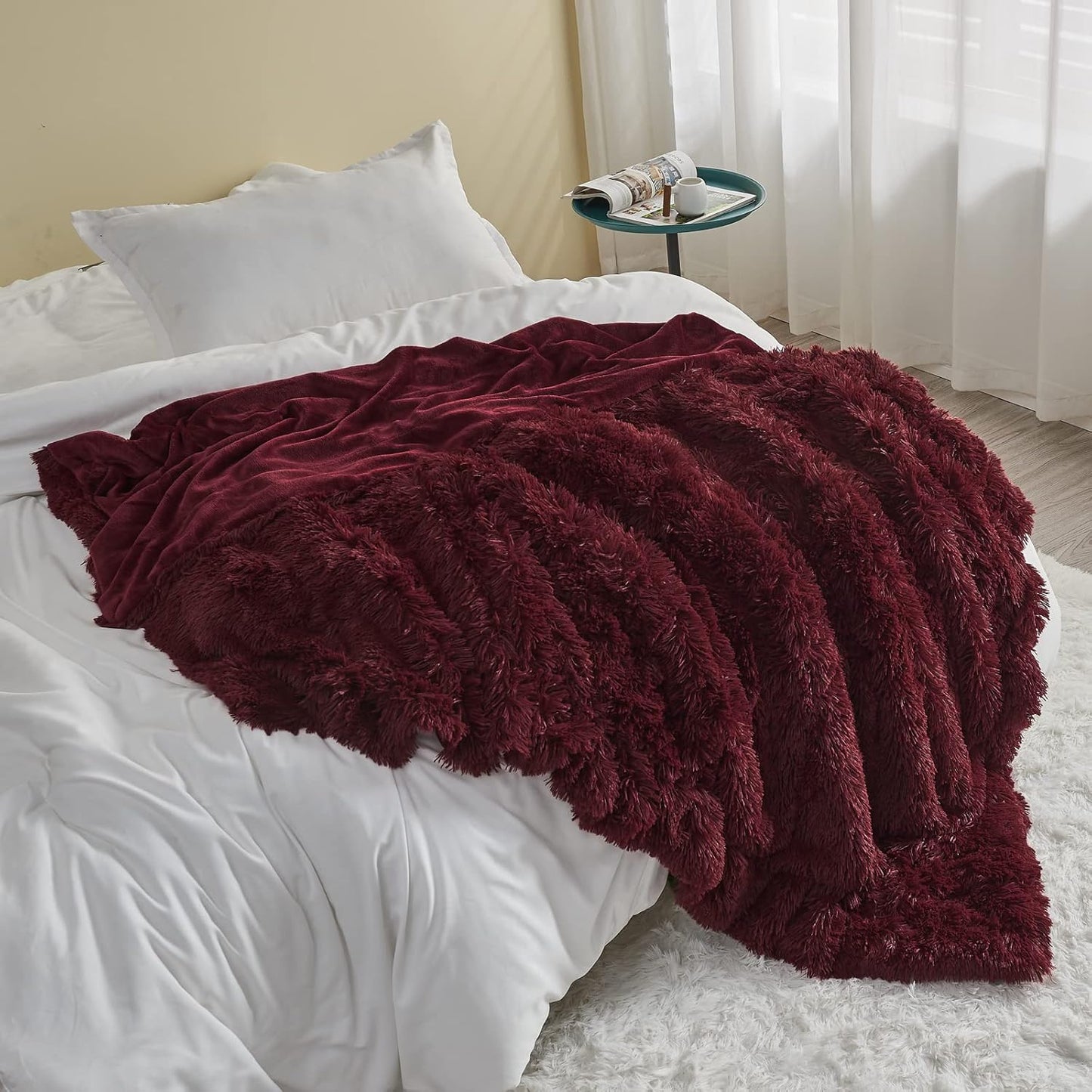 GONAAP Fuzzy Faux Fur Throw Blanket Queen Size Wine Red Super Soft Cozy Plush Fuzzy Shaggy Blanket for Couch Sofa Bed (Wine Red, Queen(90"x90"))