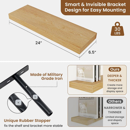 fuqing Floating Shelves for Wall, Bathroom Shelf Wall Mounted for Storage, Shelves with Invisible Bracket for Bedroom, Kitchen, Living Room, Farmhouse Small Book Shelf, 24 Inch Set of 2, Oak