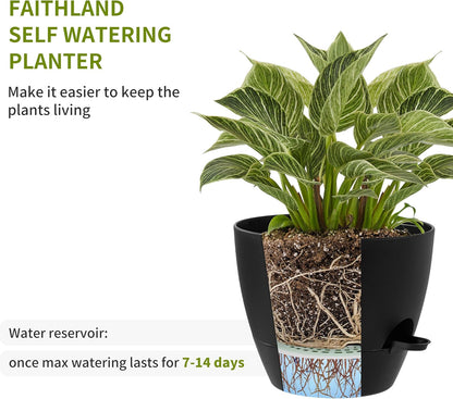 FaithLand 3-Pack Large Planter Pots, 12 10 9 Inch Self Watering Flower Pots for Indoor Outdoor Garden Plants, Black with Brown