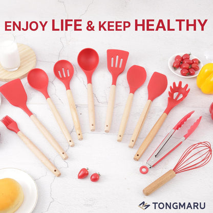 Silicone Cooking Utensils Set, Premium Beech Wood Handle Kitchen Gadgets Utensil Set, Non-Stick Kitchen Utensils Spatula, Tongs, Turner, Whisk, Brush, Spoon, BPA FREE, 446°F Resistant (Red)