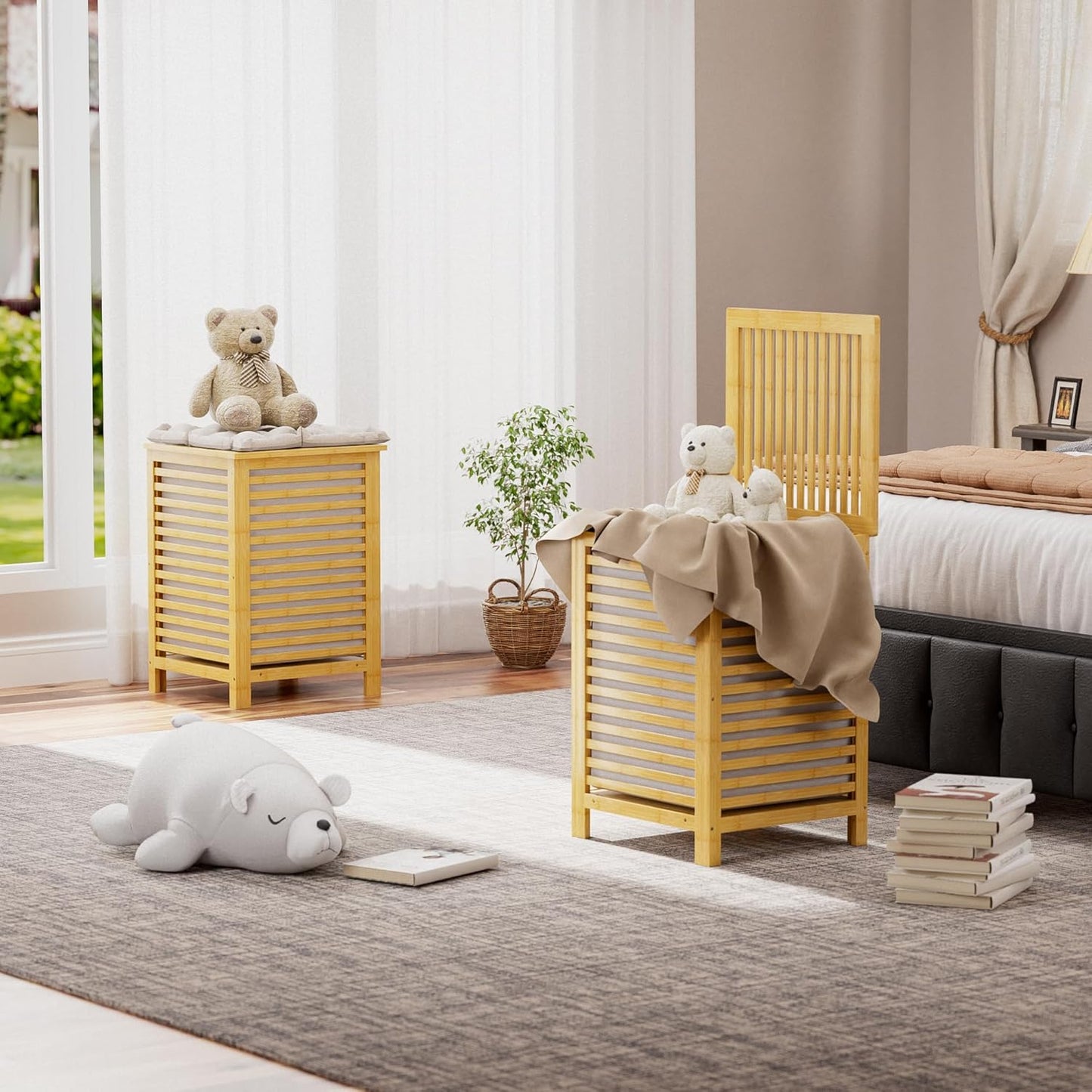 SMIBUY Double Laundry Hamper with Lid, 120L Bamboo Laundry Basket with Removable Liner Bag, 2-Section Clothes Divider Laundry Sorter for Laundry Room, Bathroom, Bedroom (Natural)