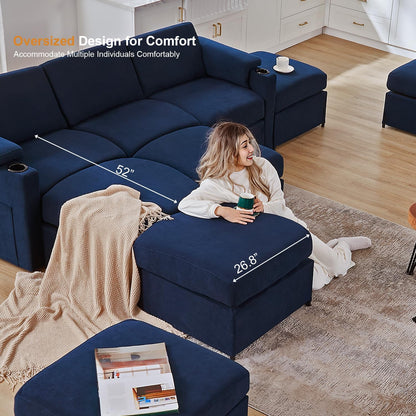 Modular Sectional Sofa Couch for Living Room Velvet Cloud Couches Oversized U Shaped Convertible Sleeper Sofa Chaise Detachable Armrest Cushion Cup Holder (Blue, 8 Seats)