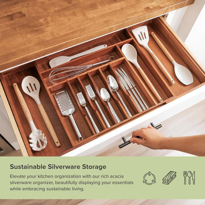 Premium Silverware, Flatware and Utensil Organizer for Kitchen Drawers, Food-Safe Contract Grade, Expandable from 18 to 33 In, Natural Acacia