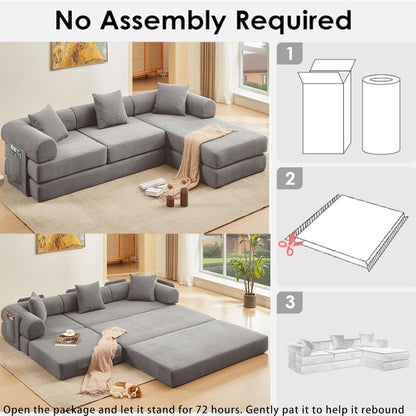 107" Oversized Convertible Sleeper Sofa Bed, Corduroy L Shape Sectional Couch, Folding Sofa Bed with Side Pocket, Modern Cloud Floor Mattress Couch, Modular Sofa for Living Room, Grey