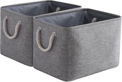Storage Basket for Shelves - 17X15X12 inch 2 Pack Collapsible Storage Bin with Rope, Canvas Fabric Storage Cubes for Cloth Decorative Books Nursery (Grey)
