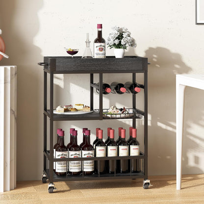 Bar Cart with Basket 3 Tiers Home Rolling Wine Rack with Wheels Mobile Kitchen Industrial Vintage Style Wood Metal Serving Trolley Serving Cart,Black Frame Home Kitchen Shelf for Party