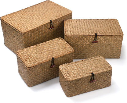 Wicker Basket with Lid, Seagrass Storage Basket, Woven Baskets for Storage, Decorative Storage Baskets for Shelf Organizing, Natural