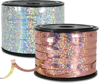BEISHIDA 2 Pack 100 Yards Rose Silver Ribbon Curling Crimped Glitter Ribbon Balloon String Shiny Metallic for Gift Wrapping Ribbon Birthday Party Festival Art Craft Decor Florist Flowers Decoration