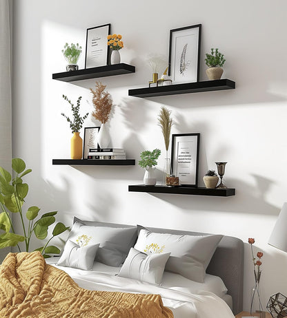 Wood Floating Shelves for Wall Decor, Rustic Wall Shelves for Bedroom Bathroom Kitchen Living Room, Set of 6 Black