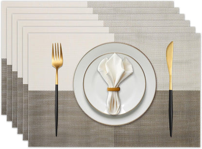 Vinyl Plastic Placemats Set of 6 Washable Heat Resistant Non-Slip Elegant Indoor Outdoor Kitchen Dining PVC Woven Table Place Mats (Light Coffee Lattice Block)