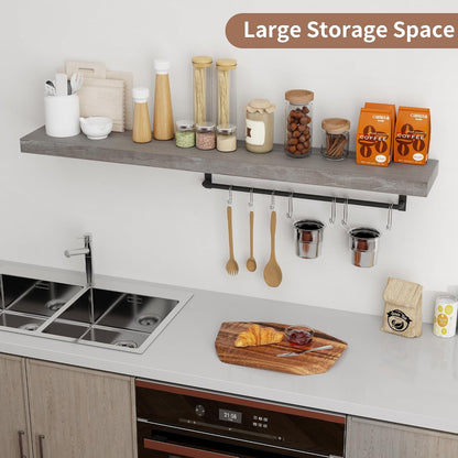 Axeman Floating Shelves for Wall, Rustic Elm Wood 56'' W x 8" D Wall Shelf with Invisible Bracket, Large Long Wall Mounted Storage Shelves for Living Room, Bedroom, Kitchen, Bathroom Decor, Grey