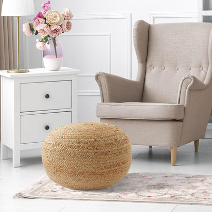 Casafield Hand-Braided Jute Pouf Ottoman Footrest, 19" Round x 10-1/2" High, Natural Woven Boho Floor Cushion, Home Decor for Living Room, Bedroom, Apartment