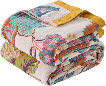 Summer Boho Throw Blanket for Bed, Multi Reversible Blanket Washable Breathable,Lightweight 4-Layer King Size Quilt for Bed,Floral Birds, 100% Cotton Muslin Large Travel Throw Blanket,90"x98"