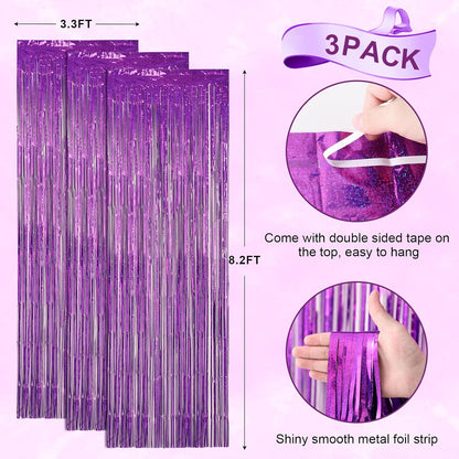 3 Pack 3.3 x 8.2 ft Laser Purple Foil Fringe Backdrop Curtains, Tinsel Streamers Birthday Party Decorations, Fringe Backdrop for Graduation, Baby Shower, Gender Reveal, Disco Party
