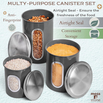 Moss & Stone 3-Piece Gray Canisters Sets For The Kitchen, Airtight Canister Set With See Through Window, Storage Jars for Coffee Container, Tea Organizer & Sugar Canister, Gray Kitchen Canisters