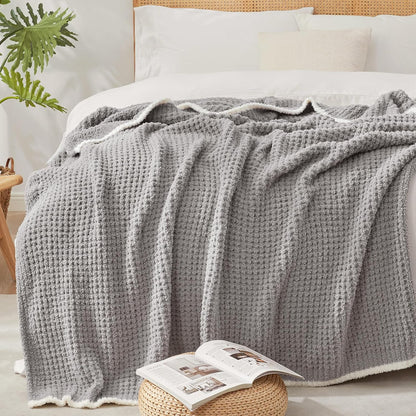 Snuggle Sac Ultra Soft Waffle Throw Blanket for Couch Bed Sofa 50x60 inches, Reversible Grey Blanket Microfiber Fluffy Fuzzy Cozy Knit Throws for Women Mothers Birthday Gifts