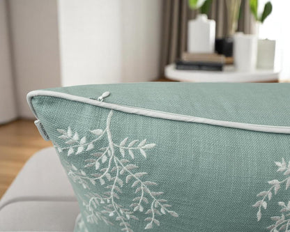 VAGMINE Embroidered Leaves Throw Pillow Cover - 18x18 Inches Square - 100% Cotton Light Teal Decorative Cushion Cover - Elegant Embroidery Pattern - Coastal Home Accent for Sofa, Bed, Living Room