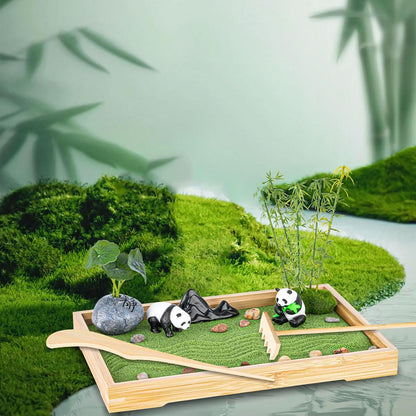 Zen Garden Kit for Desk 11''x7.5'' Room Decor with Green Sand, Panda Decorative Ornaments, Haystack, Ceramic Mountain, Stones and Rakes (Panda Bamboo)