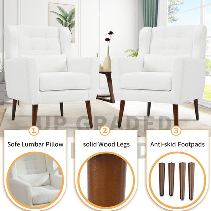 Modern Accent Chair, Upholstered Armchair with Pillow, Teddy Single Sofa Chair with Lounge Seat and Wood Legs Accent Chair for Living Room Bedroom Small Spaces