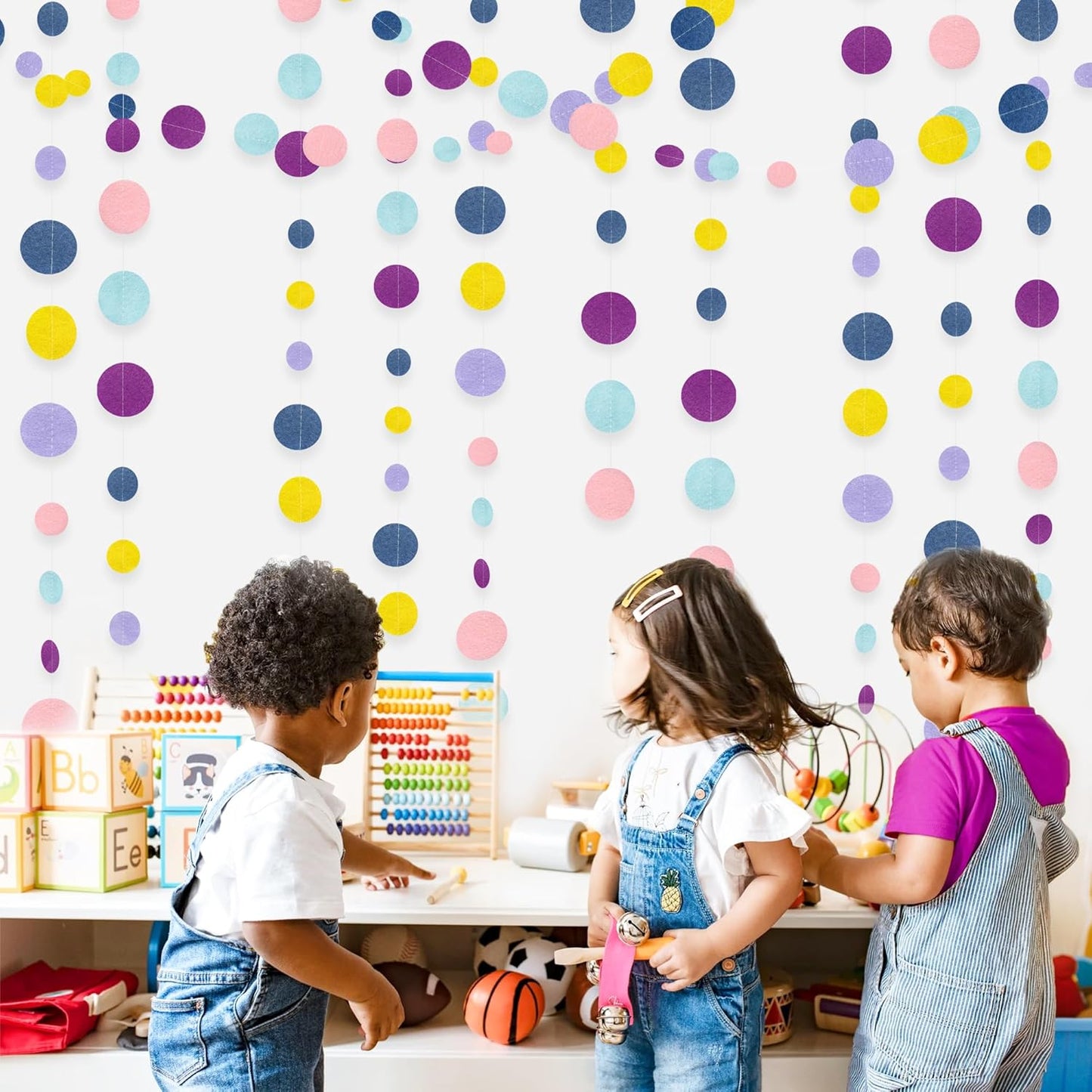 Oh Happy Day Decorations Navy Blue Yellow Purple Pink Boho Felt Circle Dot Garland Hanging Polka Dot Streamer for Classrooms Preschool Everyone is Welcome Homeschool Nursery Birthday Baby Shower Decor