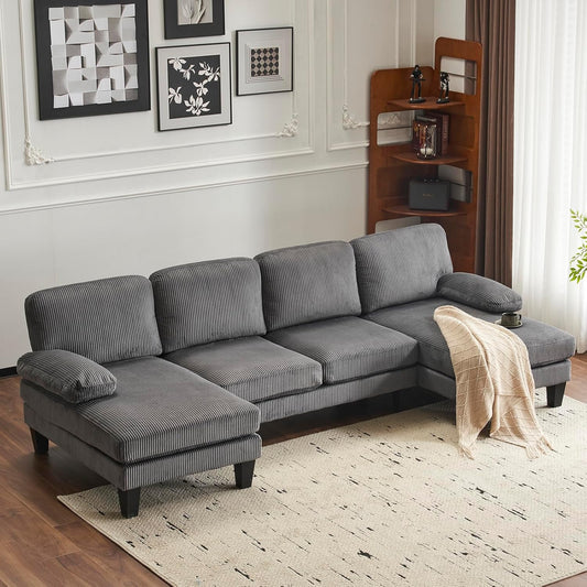 Karl home U-Shape Sectional Sofa Couch 111" Modern 4-Seat Sofa with Chaises Corduroy Fabric