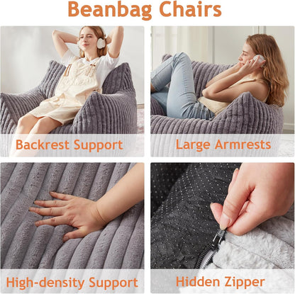 Giant Bean Bag Chairs for Adults with Filling Plush Fluffy Bean Bag Chairs for Teens with Armrests Comfy BeanBag Lazy Couch Sofa Chair for Bedroom Living Room Reading (Dark Gray2, M-for Teens/Adults)