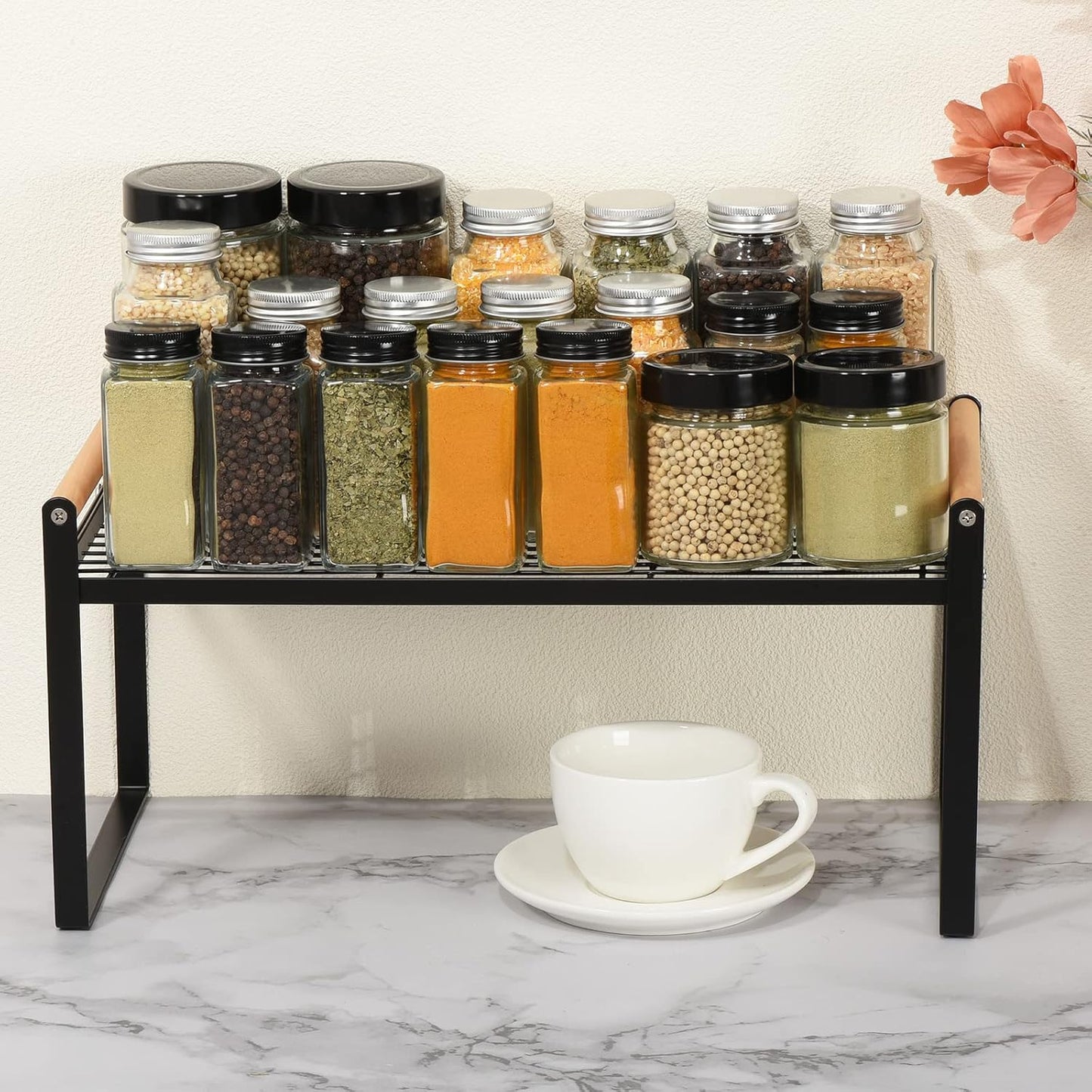 PATIKIL Kitchen Cabinet Shelf Organizer, Wood Counter Shelf Stackable Storage Shelf For Cupboard, Pantry, Corner, Under Sink - Black
