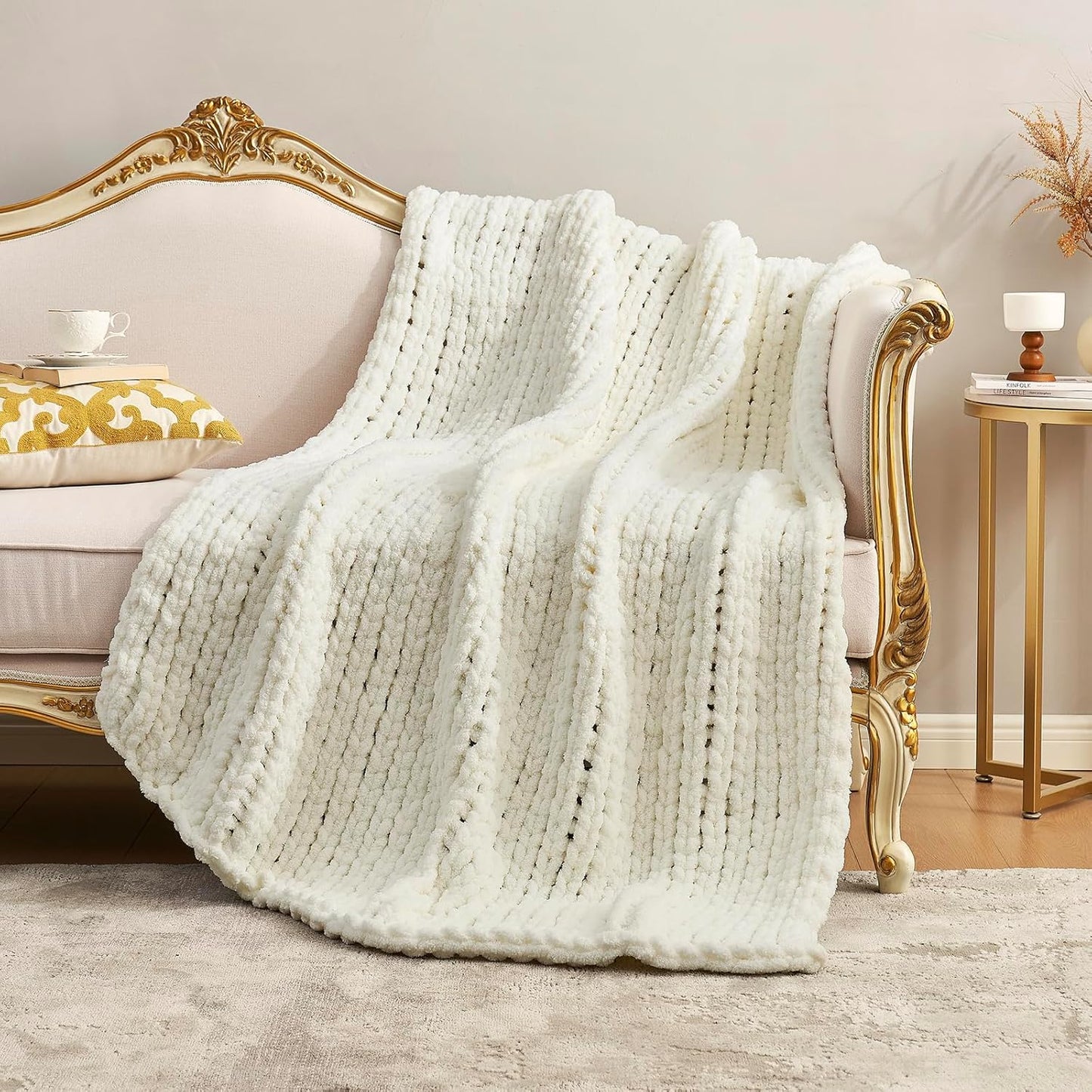 Amélie Home Chunky Knit Throw Blanket for Couch, Soft Chenille Crochet Blanket for Sofa, 50"x60", Ivory