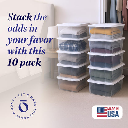 HOMZ Clear Plastic Storage Bins w/Snaplock Lids, 6 Qt, White, 10 Pack