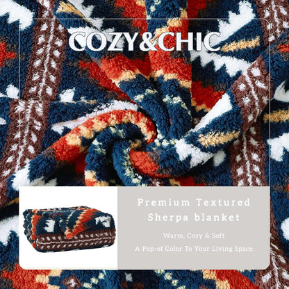 CASAAGUSTO Boho Sherpa Blanket, Aztec Twin Blanket, Ultra Soft, Warm, Cozy, Plush, Thick Fleece Western Blanket for Couch, Bed, Sofa (Navy Blue 60 * 80 Inch)