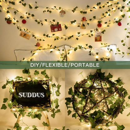 suddus Vine with Fairy Lights Battery Operated, 33ft 100 LED Ivy String Lights with Remote, Leaf Lights for Bedroom, Room, Wall, Garden, Party, Wedding Decor (Warm White)