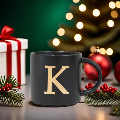 COLLECTIVE HOME - Monogram Ceramic Mugs, 15 oz Golden Initial Black Coffee Cups, Elegant Alphabet Tea Mugs, Elegant Personalized Mug with Gift Box, Unique Mug with Double Side Capital Lette (K)