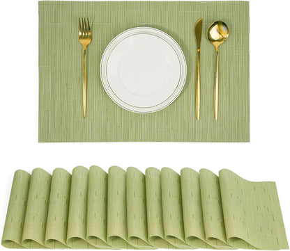 Placemats Set of 12，Non-Slip PVC Weave Table Mats Easy to Clean，Heat Resistant Place Mats for Kitchen Dining Table Decoration Indoor Outdoor，Pea Green