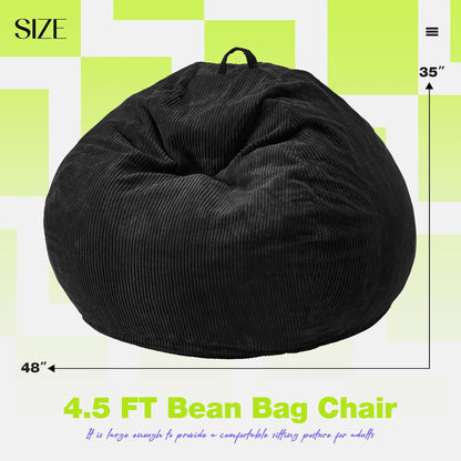 Hobestluk 4.5FT Bean Bag Chair Giant Bean Bag Chair with Filler Included Adult Bean Bag Chairs with Removable Cover for Bedroom Living Room - (Jumbo, Black)