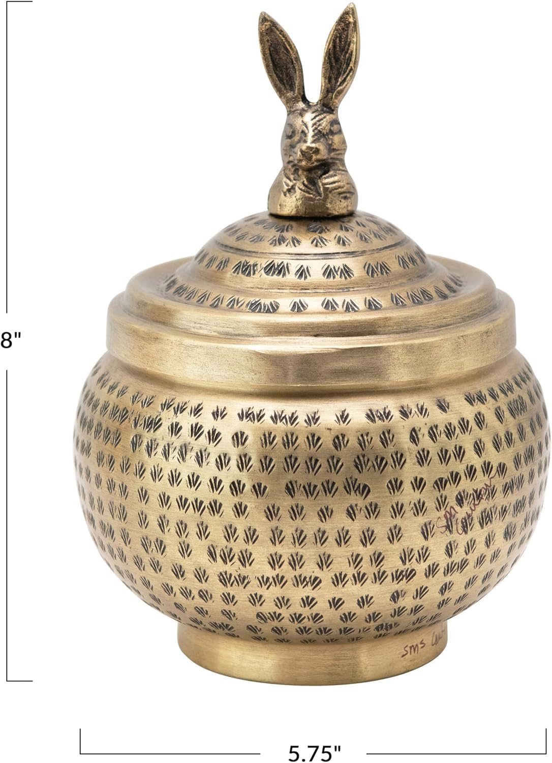 Creative Co-Op Round Hammered Metal Container with Rabbit Finial, Brass Finish