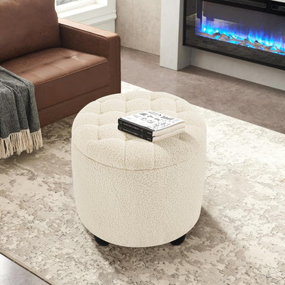 Furniliving Modern Round Storage Ottoman,Button Tufted Ottoman Foot Stools Ottoman Footstool with Removable Lid Storage Ottomans for Living Room, Bedroom, Makeup Room，Sherpa, IvoryWhite