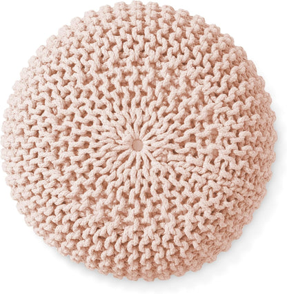 Casafield Round Pouf Ottoman, Light Pink - 20" Diameter x 14.5" High Cotton Knit Foot Stool - Boho Floor Pouffe for Living Room, Bedroom, Home Office