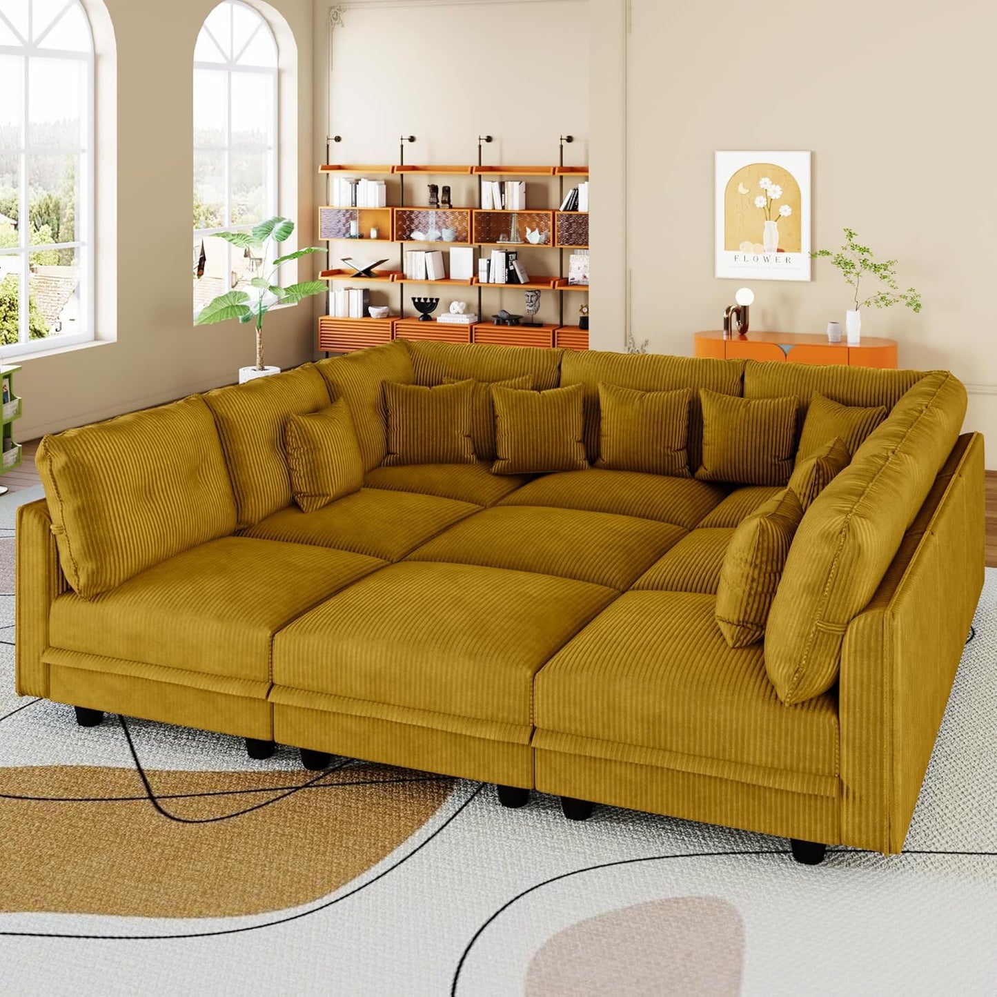 LLappuil U-Shaped Modular Sectional Sofa with Storage, 9-Seat Convertible Corduroy Couch with 9 Back Cushions & Throw Pillows, Large L-Shaped Sofa for Living Room, Yellow