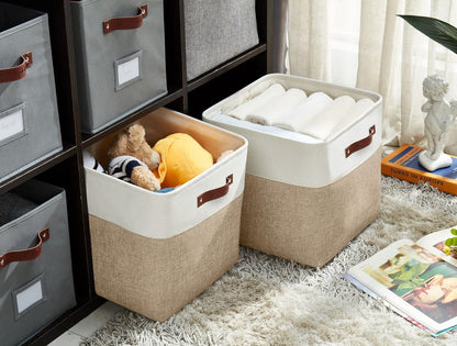 DECOMOMO 13 Inch Cube Storage Bins, Fabric Storage Cube, Basket for Kallax Shelves (Beige & White, Cube 13" - 4 Pack)