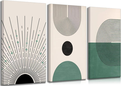 3 Pcs Sage Green Boho Canvas Wall Art Modern Abstract Minimalist Neutral Bohemian Sun Geometric Line Painting Picture Wall Decor Poster Print Artwork for Living Room Bedroom Home Decoration