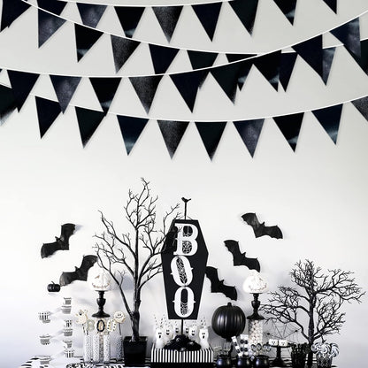 Black Party Decorations Triangle Pennant Banner Flag Black Metallic Fabric Bunting Garland for Graduation Birthday Wedding Engagement Bachelorette Holiday Halloween Celebration Hen Party Supplies
