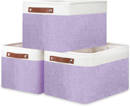 DULLEMELO Storage Baskets for Organizing, Shelves,Bedroom, Decorative Storage Bins with Leather Handles, Fabric Storage Basket for Office, Toys(3-Pack, White&Purple)