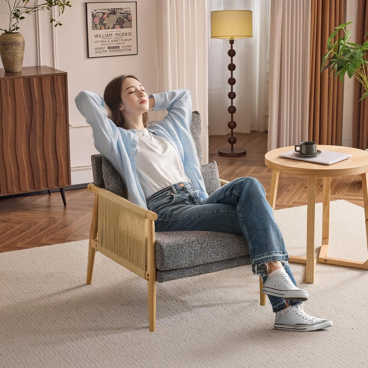 VINGLI Boho Braid Accent Armchair,Mid-Century Modern Chiar with Solid Wooden Armrest,Comfy Louge Cushion Chair with Waist Pillow for Bedroom,Living Room,Reading Room, Gray