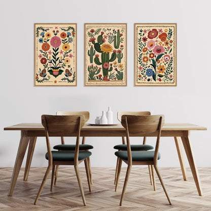 HLNIUC Vintage Flower Framed Canvas Wall Art,Colorful Desert Cactus Flower Wall Decor Set of 3(16”x24”)Boho Botanical Floral Butterfly Wall Painting,Large Desert Plant Art Print for Living Room,Office