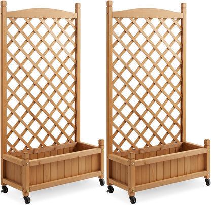 Casafield Set of Two 48" Raised Garden Bed with Trellis - Wooden Diamond Lattice for Climbing Plants and Planter Box with Drainage Holes and Wheels