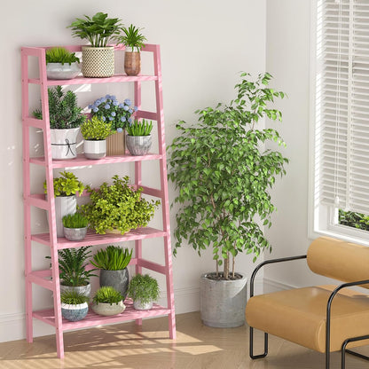 Homykic Bamboo Ladder Bookshelf, 4-Tier Ladder Shelf Open Book Shelf Freestanding Bookcase Bathroom Storage Rack Plant Stand for Living Room, Bedroom, Office, Easy Assembly, Pink
