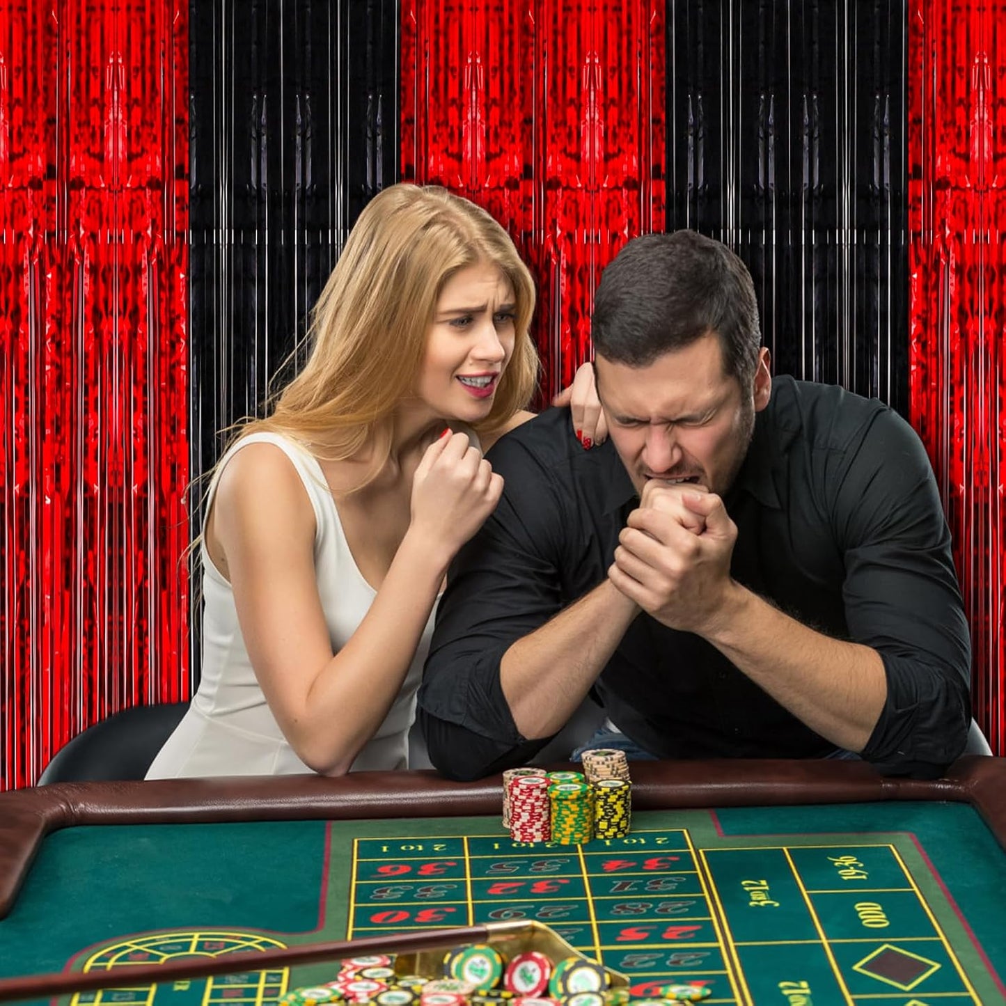 3 Pack 3.3x8.2 Feet Red and Black Foil Fringe Backdrop Curtains, Tinsel Streamers Birthday Party Decorations, Fringe Backdrop for Graduation, Casino, Red Carpet, Halloween Party