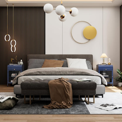 Modern Metal Side Tables Set of 2, End Tables with Glass Door, 2-Tier Nightstands with Storage Shelves, Accent Table, Slim Sofa Table for Living Room, Bedroom (Blue)