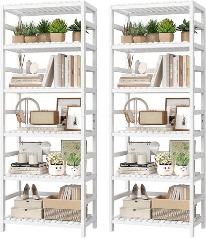 FOTOSOK 6-Tier Bamboo Shelf Set of 2, Bamboo Bookcase with Adjustable Shelves, Free Standing Storage Shelf Unit Plant Flower Stand, Tall Large White Bookshelf for Kitchen, Bathroom, Home Office, White