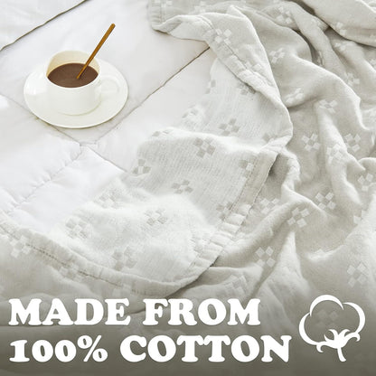 jinchan Boho 100% Cotton Blanket Muslin Twin Size 60x80 Inches Lightweight 3-Layer Geometric Cross Pattern Reversible Quilt Throw Soft Breathable Comfy All Seasons for Couch Bed Decor, Light Grey